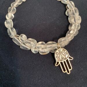 Genuine Quartz Silver Hamsa Charm Stacking Bracelet Spiritual Metaphysical